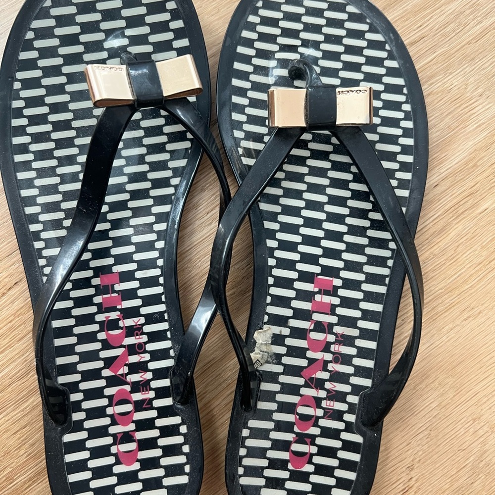 Coach Black Sandals with Gold Bow Accent